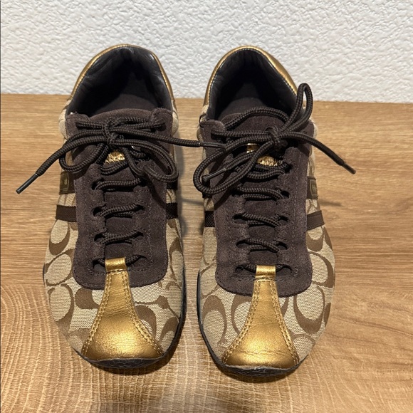 Coach Shoes - Coach Brown and Gold Patterned Sneakers